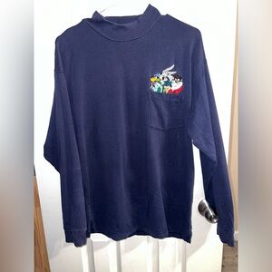 Vintage Looney Tunes Embroidered Pocket Navy Blue LongSleeve YOUTH L / ADULT S
